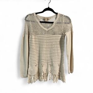 Nine West Vintage America Beige V-Neck Crochet Fringe Sweater- Size Small